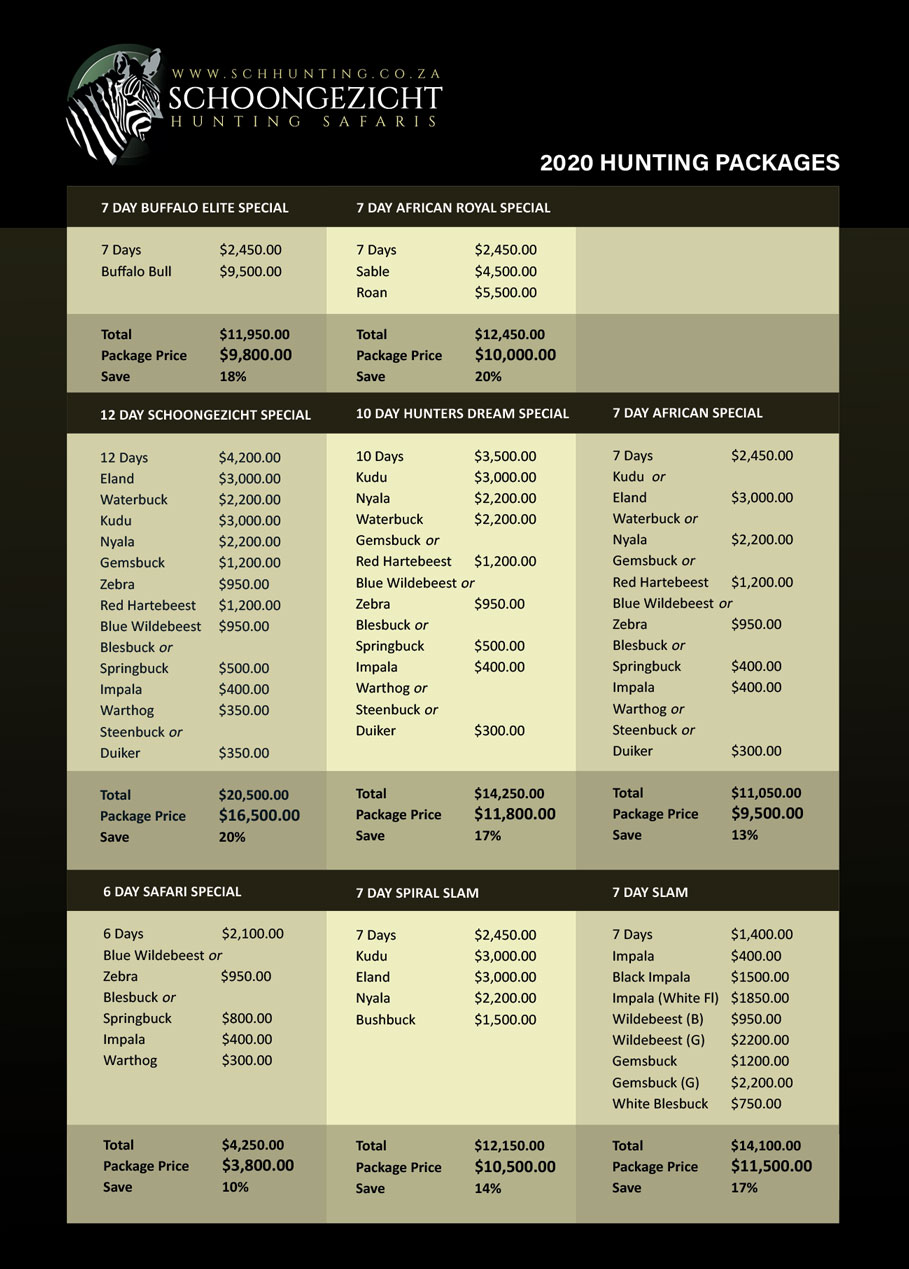 PRICE LISTS & PACKAGES Schoongezicht Hunting Safaris